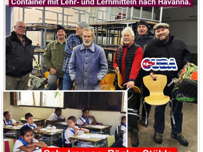 Die Schweriner Kubafreunde in Aktion - mehr als 60 Tische und Stühle wurden verladen. zusätzlich kamen noch Schulranzen und Schreibmaterial dazu. Foto: Cuba sí Schwerin