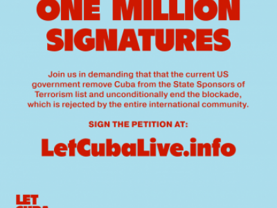 Portal der Kampagne "Kuba lebt und leistet Widerstand" - 1 Million Unterschriften sollen gesammelt werden, um Druck auf US-Präsident Biden zu machen, Kuba von der US-Liste als angeblich den Terrorismus befördernder Staat zu streichen. Grafik: @NNOCUBA 